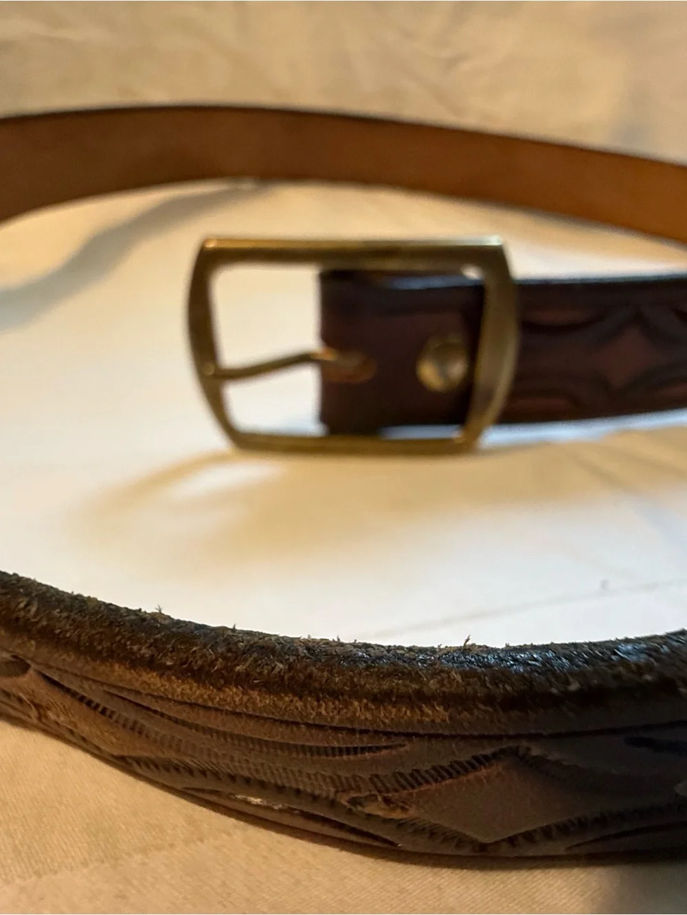 Leather Tooled Brown Men's Belt with Antiqued Brass Buckle